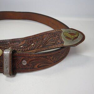 VTG Brown Eagle Leather Belt metal tips tooled size 36 & 1 1/2" wide